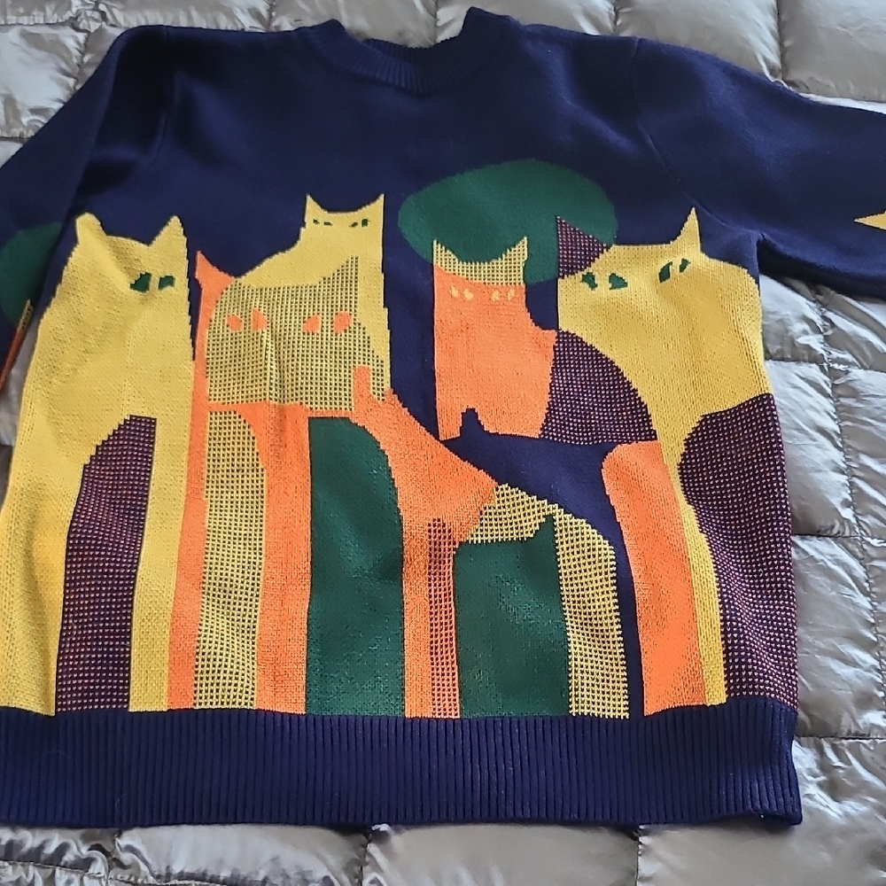 Navy Cat Design Crewneck Sweater - Picture 3 of 5